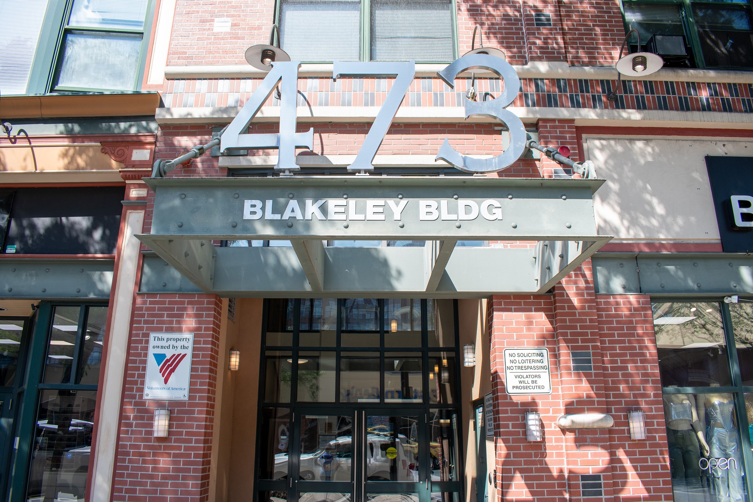 The Blakeley building has a red brick facade.